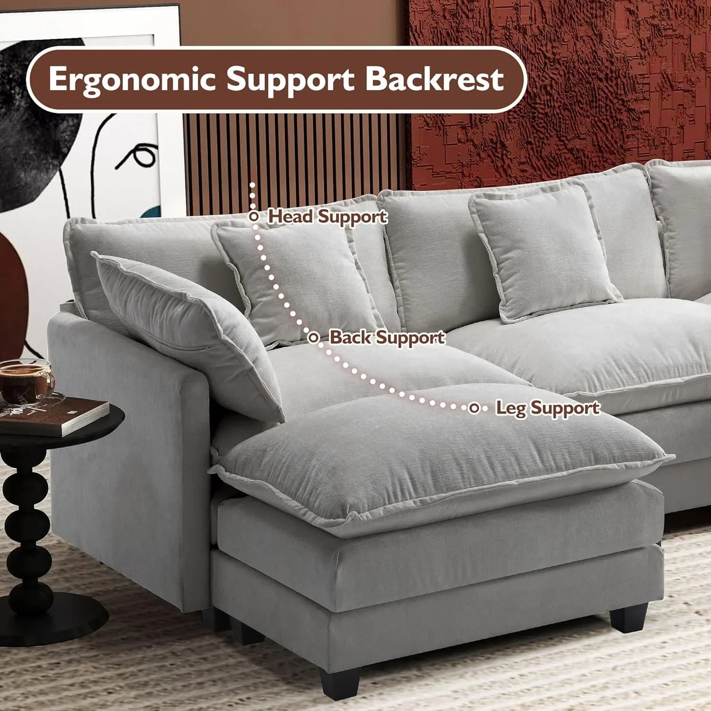 111.4 Inch L Shaped Modern Sofa Modular Cloud Sofa with Ottoman 4 Seater Chenille Deep Seat Sofa