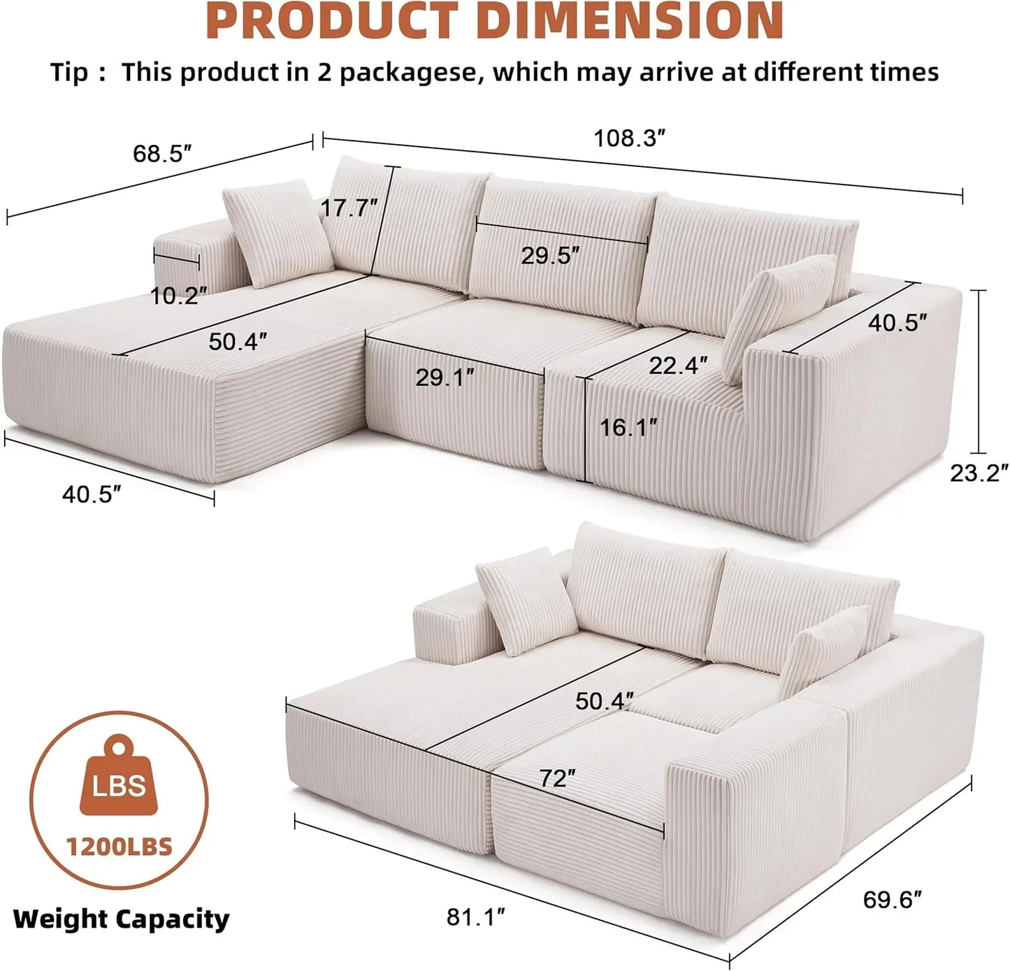 108-inch modular sofa cloud modular sofa with deep seat and reclining chair upholstered sofa