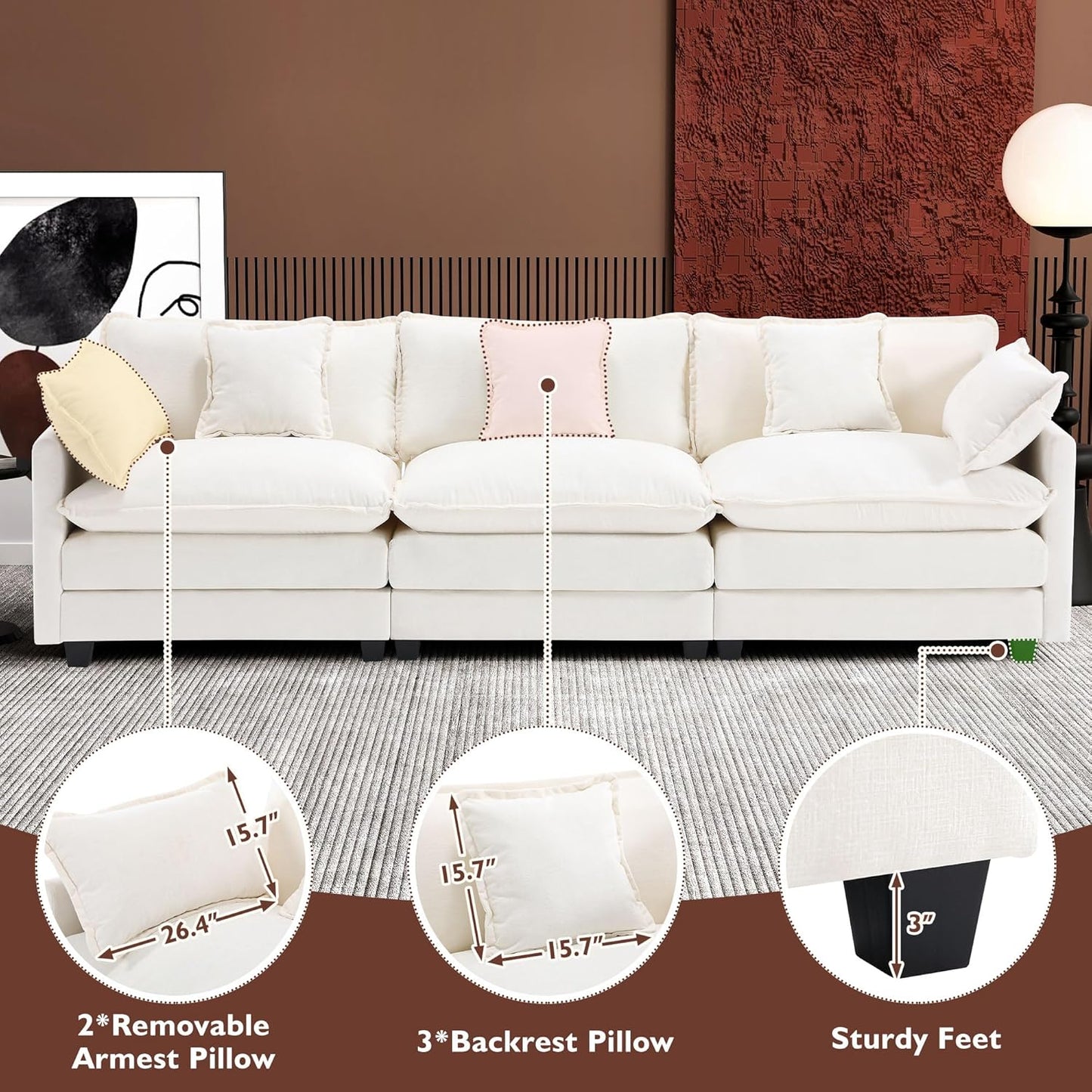 111.4 Inch L Shaped Modern Sofa Modular Cloud Sofa with Ottoman 4 Seater Chenille Deep Seat Sofa