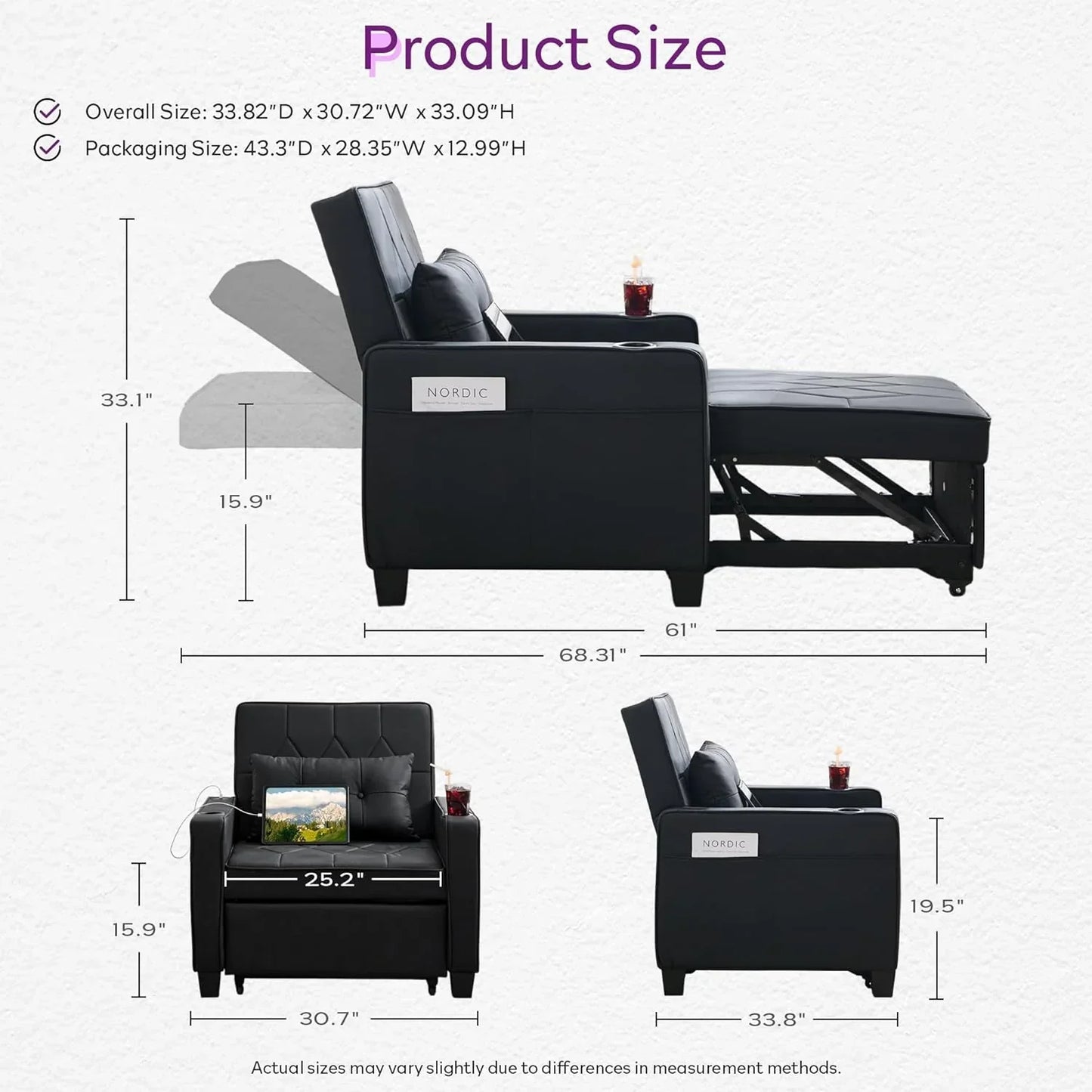 Adult Convertible Sleeper Chair Bed 3-in-1 Pull-Out Sofa Bed with USB/Type-C Ports Cup Holders
