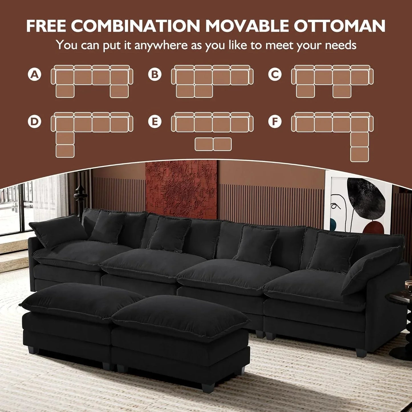 111.4 Inch L Shaped Modern Sofa Modular Cloud Sofa with Ottoman 4 Seater Chenille Deep Seat Sofa