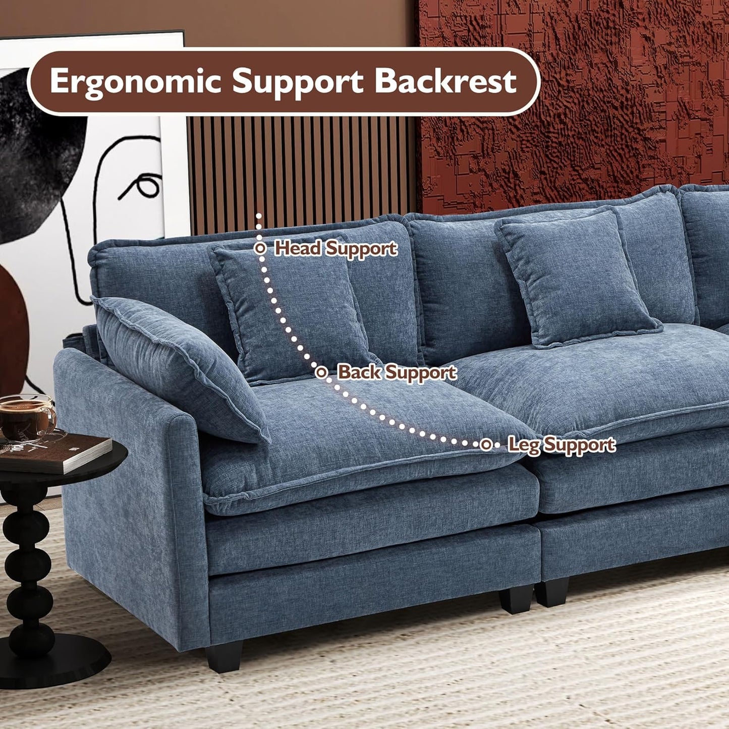 111.4 Inch L Shaped Modern Sofa Modular Cloud Sofa with Ottoman 4 Seater Chenille Deep Seat Sofa