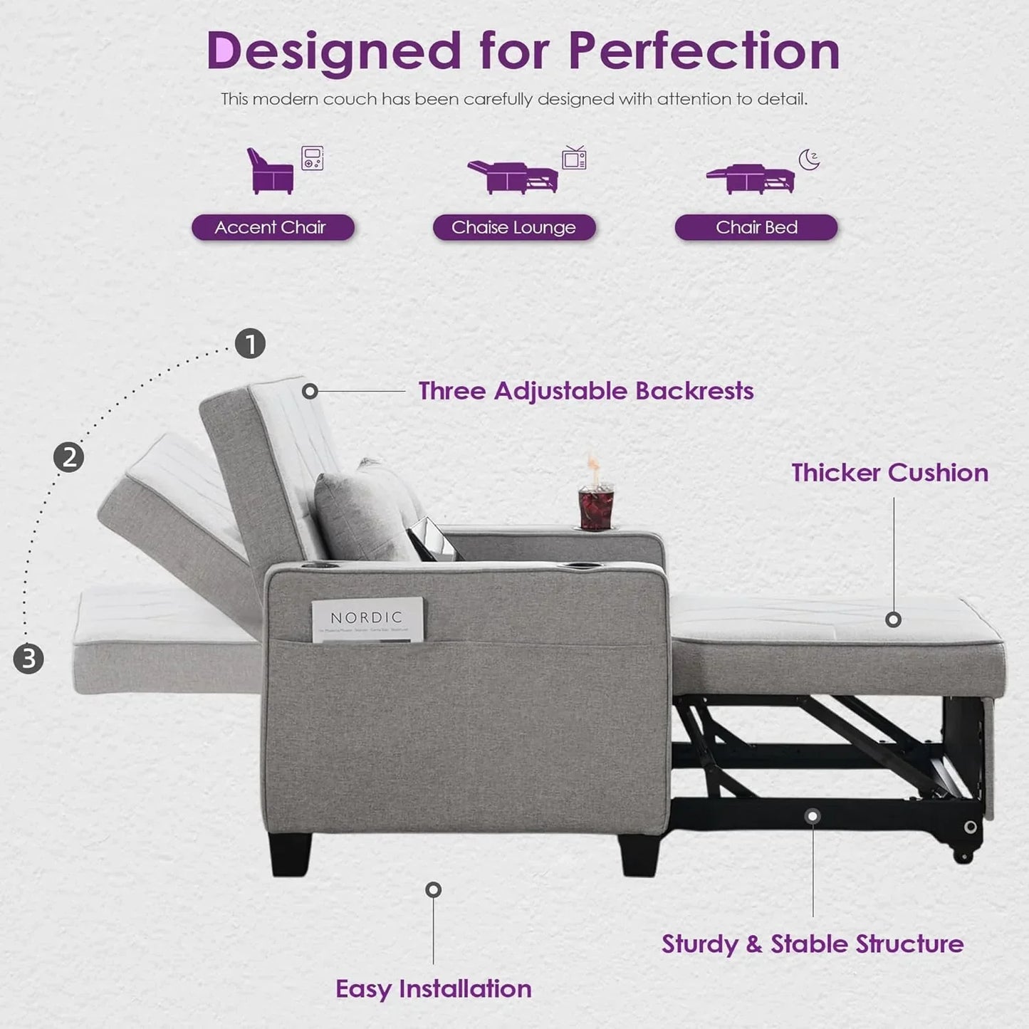 Adult Convertible Sleeper Chair Bed 3-in-1 Pull-Out Sofa Bed with USB/Type-C Ports Cup Holders
