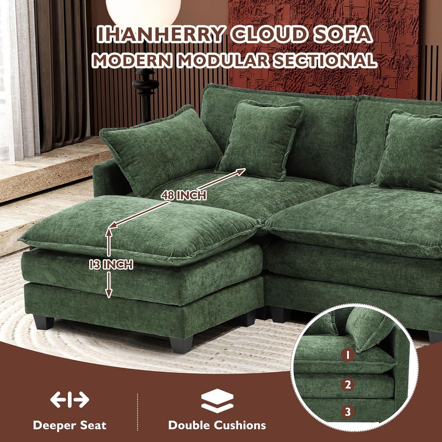 111.4 Inch L Shaped Modern Sofa Modular Cloud Sofa with Ottoman 4 Seater Chenille Deep Seat Sofa