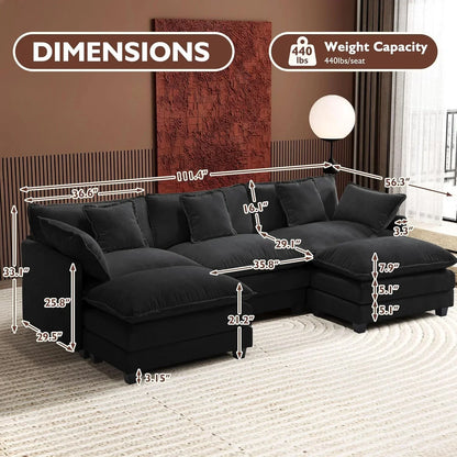 111.4 Inch L Shaped Modern Sofa Modular Cloud Sofa with Ottoman 4 Seater Chenille Deep Seat Sofa
