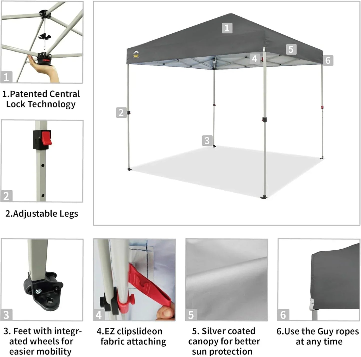 10x10 Pop-Up Awning One-Click Installation Beach Tent Outdoor Sunshade Silver Coated Top