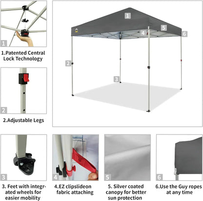 10x10 Pop-Up Awning One-Click Installation Beach Tent Outdoor Sunshade Silver Coated Top