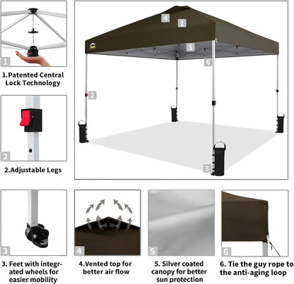 10x10 Pop-Up Awning One-Click Installation Beach Tent Outdoor Sunshade Silver Coated Top