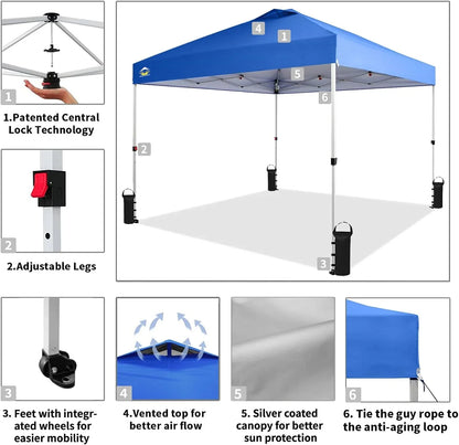10x10 Pop-Up Awning One-Click Installation Beach Tent Outdoor Sunshade Silver Coated Top