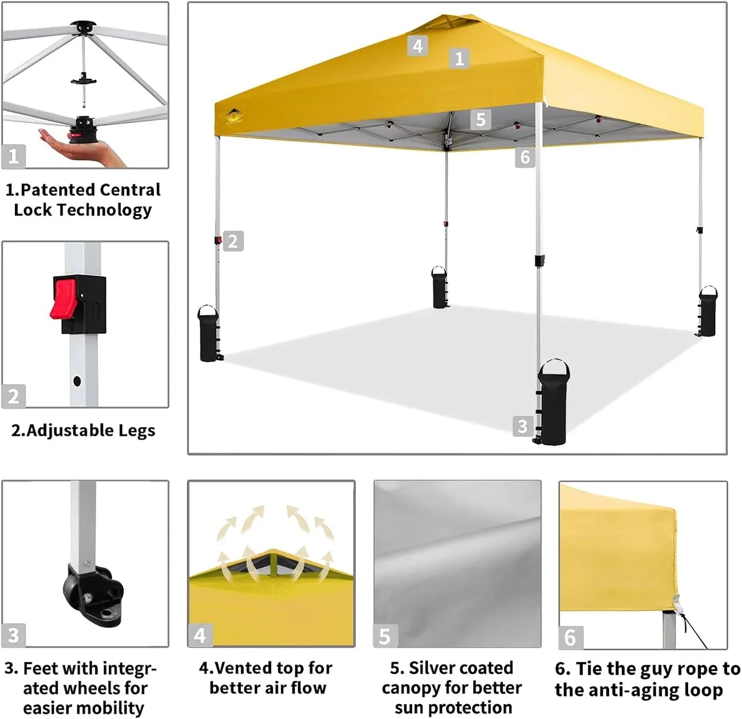 10x10 Pop-Up Awning One-Click Installation Beach Tent Outdoor Sunshade Silver Coated Top
