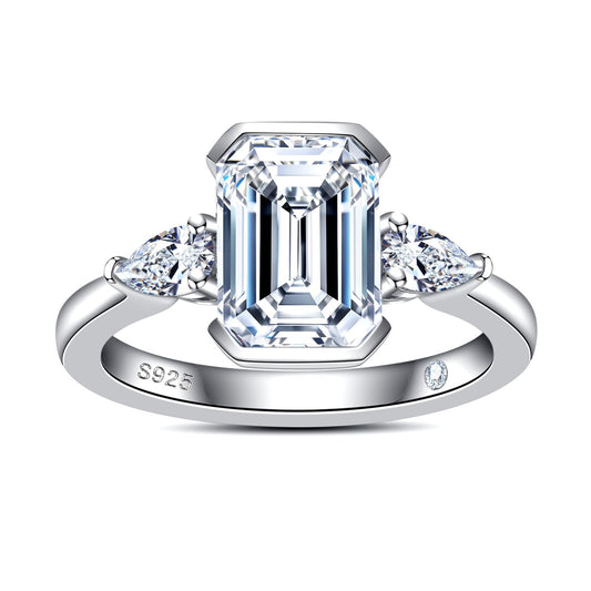 Emerald Cut Moissanite Engagement Ring 3.6cttw(3CT Center Stone) D Color VVS1 925 Sterling Silver 3 Stones Half Bezel Promise Wedding Rings for Women with Certificate
