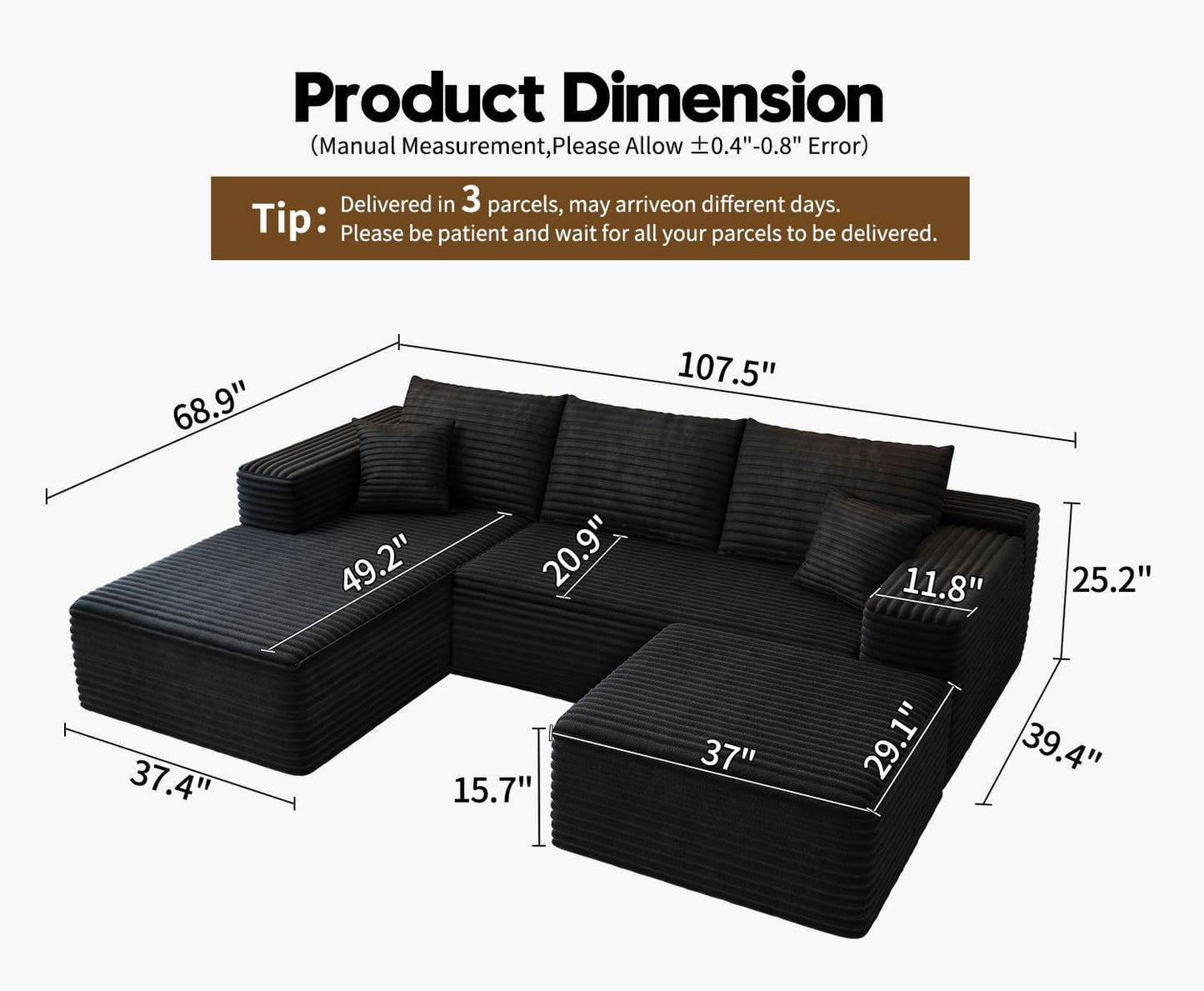107.5" Cloud Modular Sectional Sofa Couch with L-Shape Chaise,Modern Minimalist Upholstered Couches