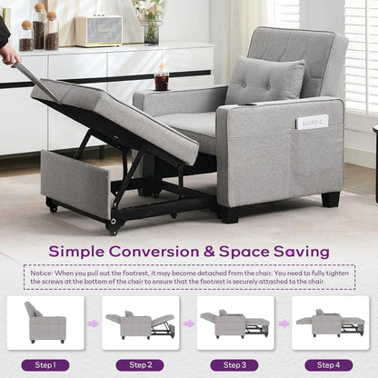Adult Convertible Sleeper Chair Bed 3-in-1 Pull-Out Sofa Bed with USB/Type-C Ports Cup Holders