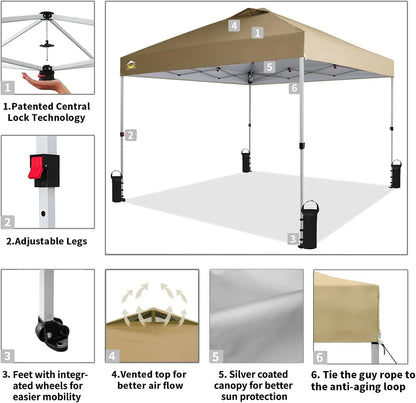 10x10 Pop-Up Awning One-Click Installation Beach Tent Outdoor Sunshade Silver Coated Top