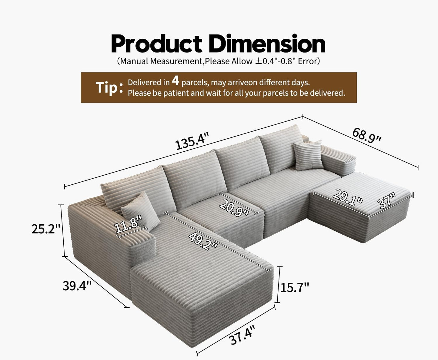 107.5" Cloud Modular Sectional Sofa Couch with L-Shape Chaise,Modern Minimalist Upholstered Couches
