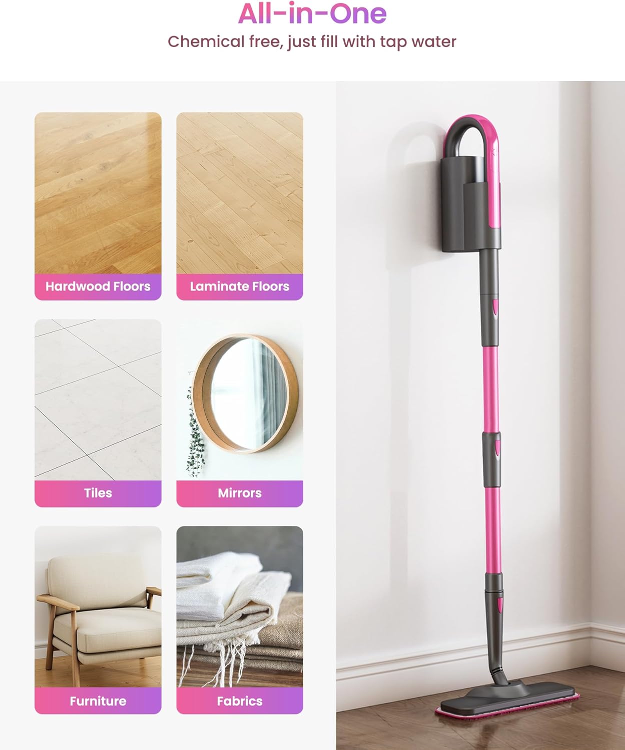 7-in-1 Steam Mop Dual-Rod Design with Detachable Handheld Steamer for Walls, Grouts, Hard Floors, Tiles, includes Multi-purpose Accessories and Washable Microfiber Pads