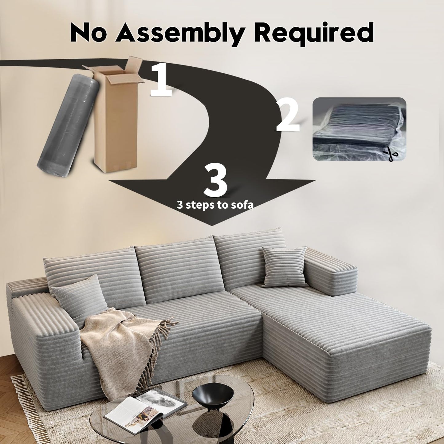 107.5 inch Cloud Modular Sectional Sofa with L-Shaped Chaise Lounge, Modern Minimalist Upholstered Sofa Deep Seating Corner Sofa