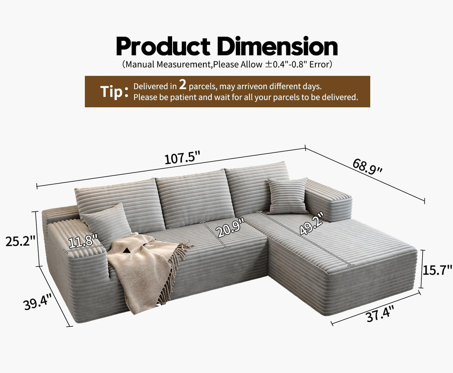 107.5 inch Cloud Modular Sectional Sofa with L-Shaped Chaise Lounge, Modern Minimalist Upholstered Sofa Deep Seating Corner Sofa