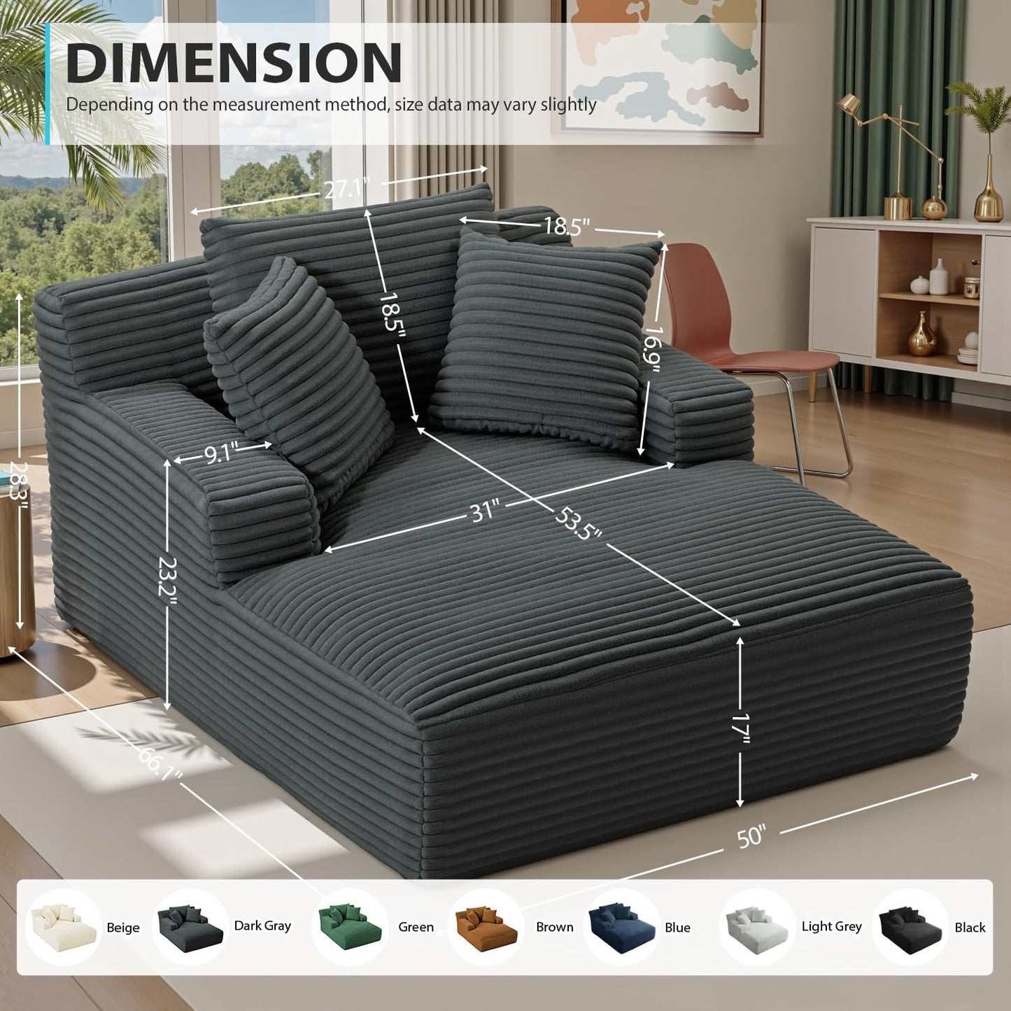 50-inch indoor recliner, oversized corduroy upholstered boneless sofa bed, deep sleeper sofa reading chair, cloud sofa, living room sofa