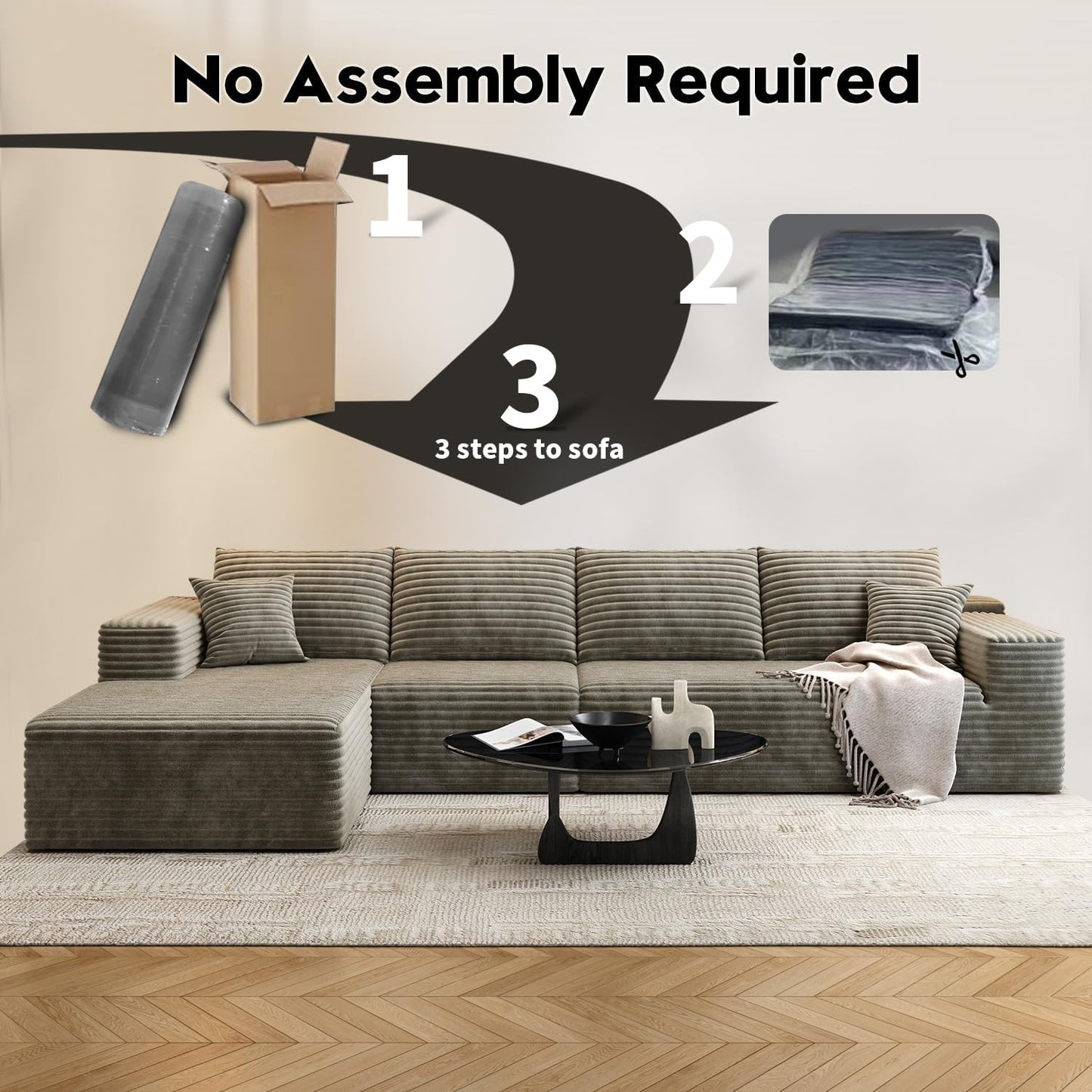 107.5 inch Cloud Modular Sectional Sofa with L-Shaped Chaise Lounge, Modern Minimalist Upholstered Sofa Deep Seating Corner Sofa
