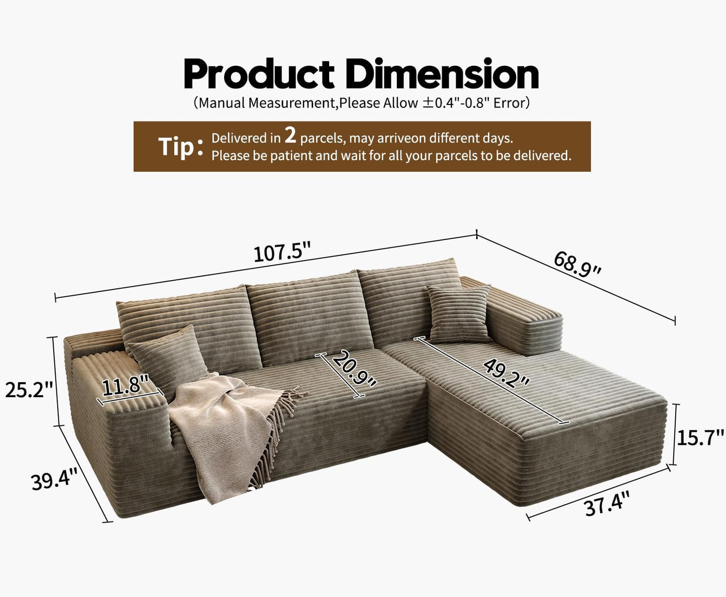 107.5 inch Cloud Modular Sectional Sofa with L-Shaped Chaise Lounge, Modern Minimalist Upholstered Sofa Deep Seating Corner Sofa