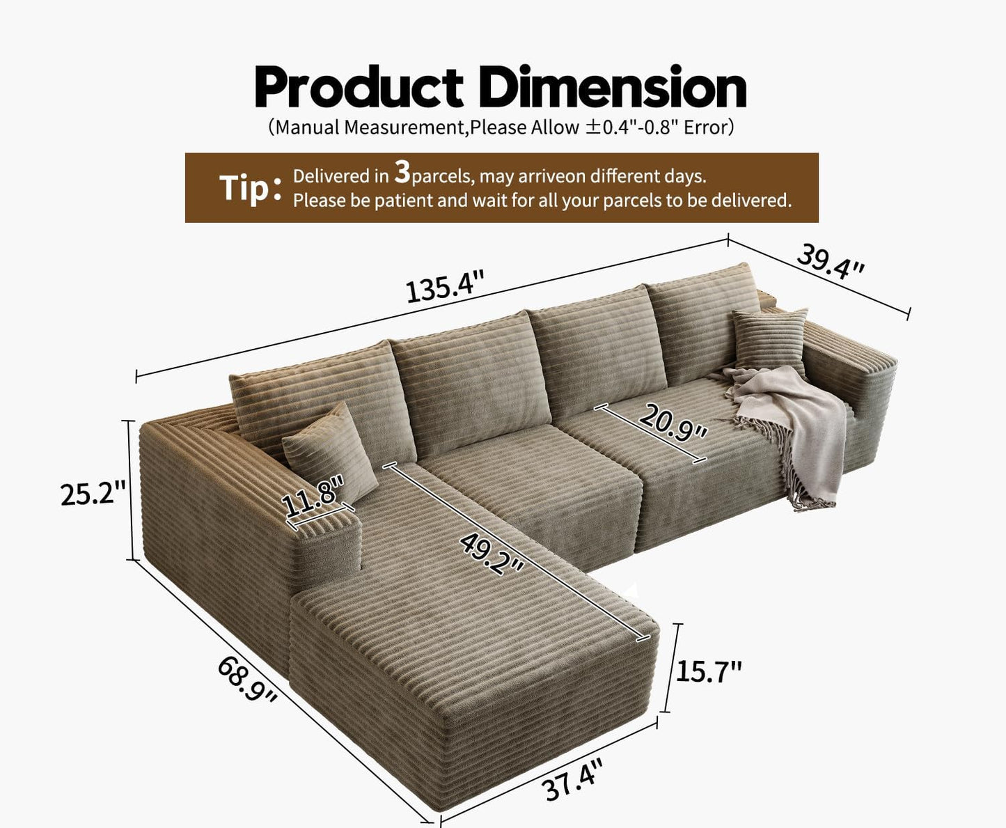 107.5 inch Cloud Modular Sectional Sofa with L-Shaped Chaise Lounge, Modern Minimalist Upholstered Sofa Deep Seating Corner Sofa