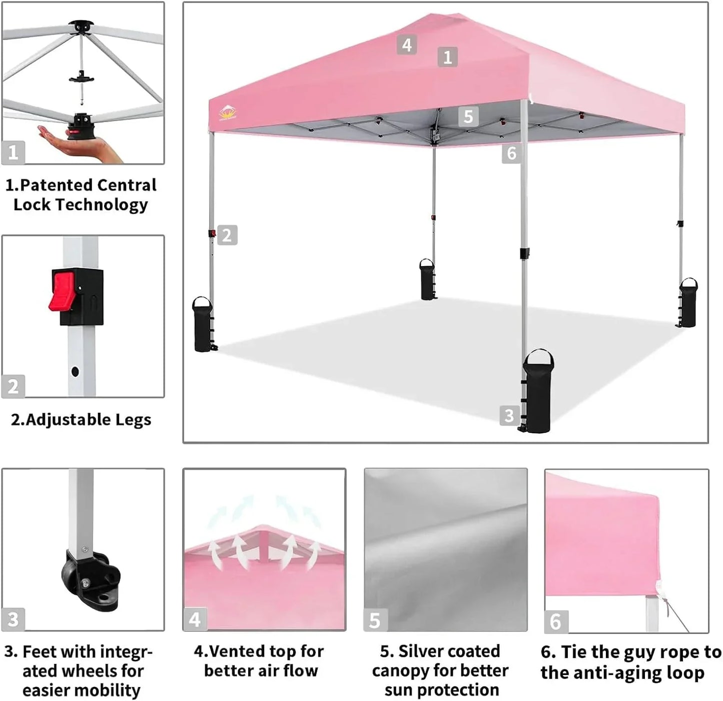 10x10 Pop-Up Awning One-Click Installation Beach Tent Outdoor Sunshade Silver Coated Top