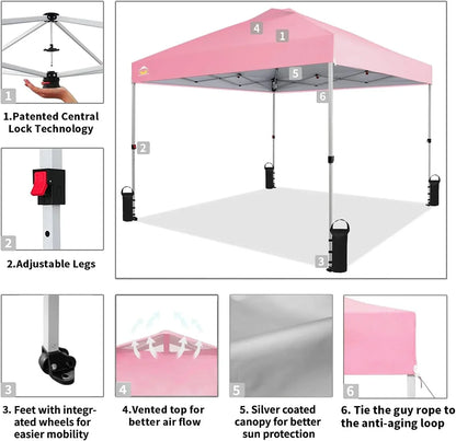 10x10 Pop-Up Awning One-Click Installation Beach Tent Outdoor Sunshade Silver Coated Top