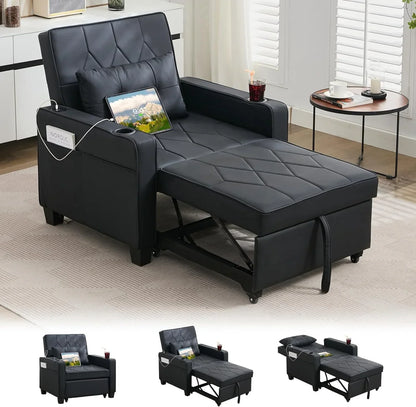 Adult Convertible Sleeper Chair Bed 3-in-1 Pull-Out Sofa Bed with USB/Type-C Ports Cup Holders
