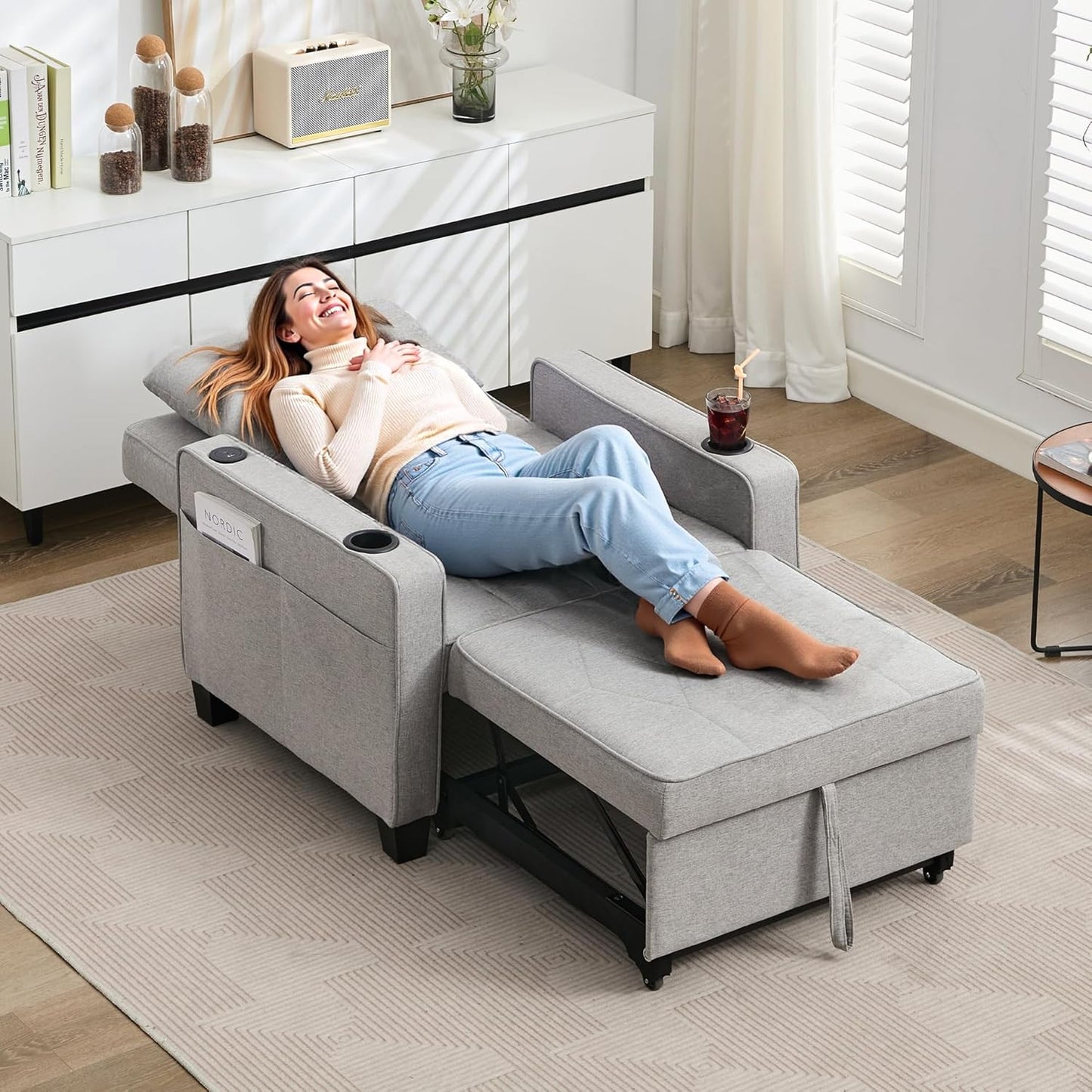 Adult Convertible Sleeper Chair Bed, 3-in-1 Pull-Out Sofa Bed with USB/Type-C Ports, Cup Holders, Side Pockets, Single Sofa