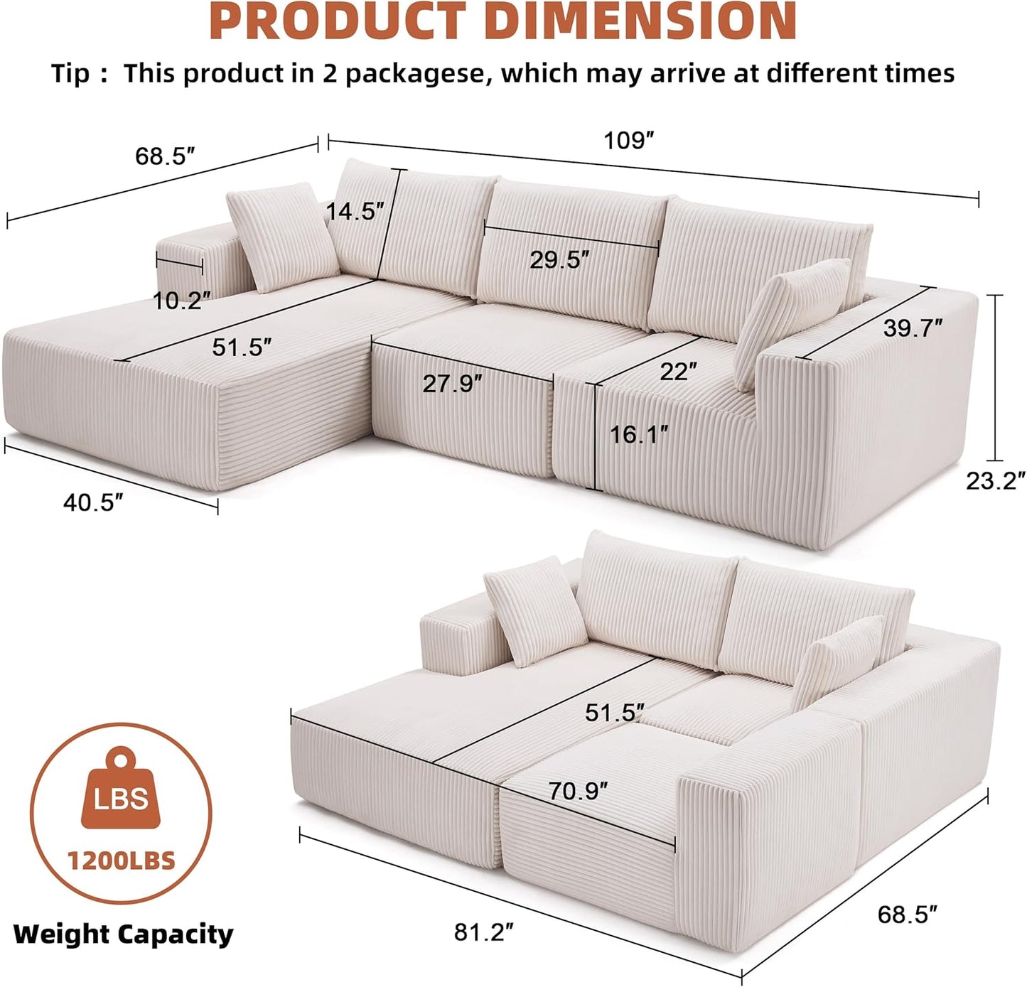 108 Modular Sectional Sofa Cloud Sectional Couch Modern Modular L-Shape Sofa Couch