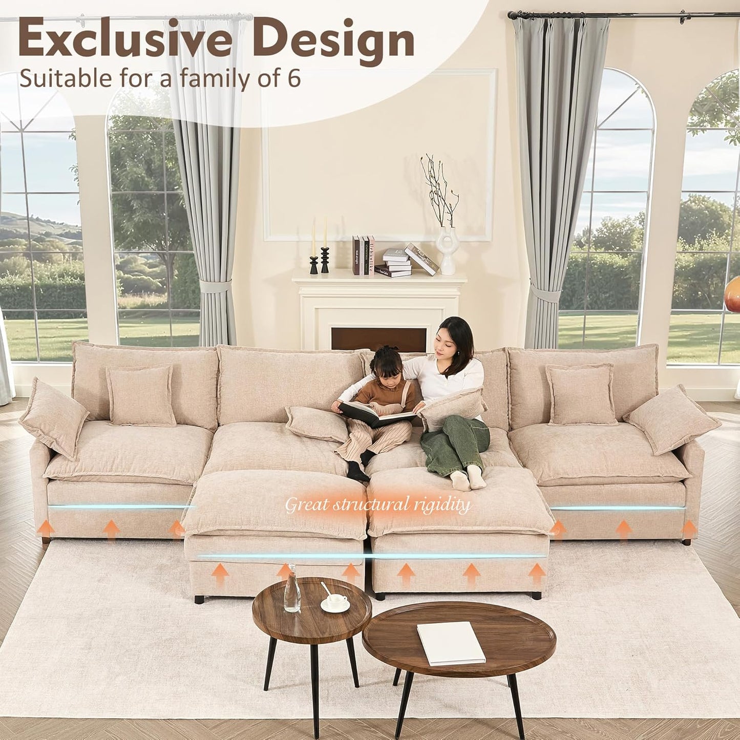 108 Inch U Shape Sofa Sectional Sofa Comfortable Cloud Sofa with Removable Footstool