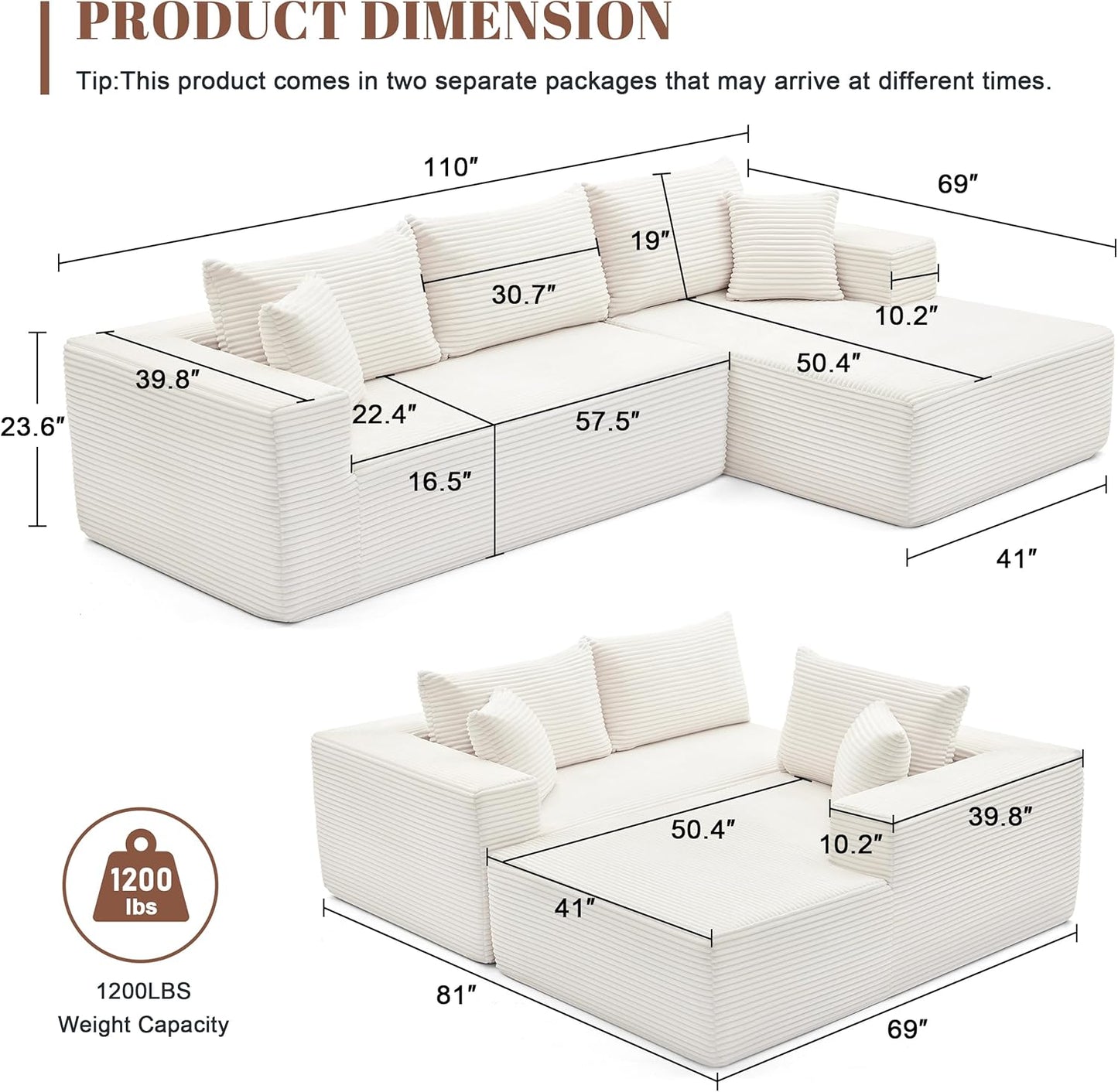 110 Cloud Sectional Couch, Boneless Sofa for Living Room Modular Sectional Sofa with Deep Seat