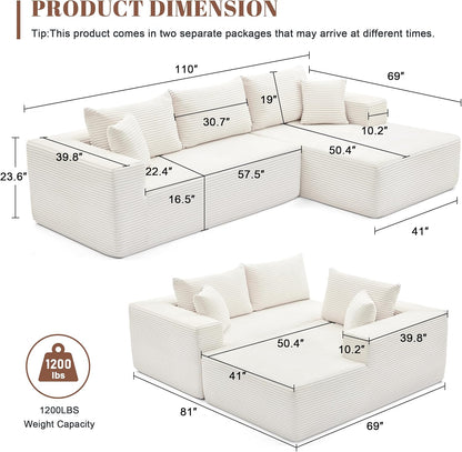 110 Cloud Sectional Couch, Boneless Sofa for Living Room Modular Sectional Sofa with Deep Seat