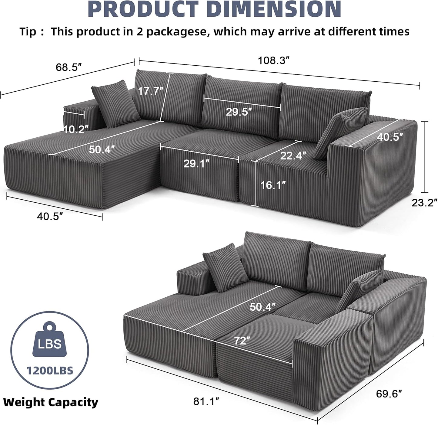 108 Modular Sectional Sofa Cloud Sectional Couch Modern Modular L-Shape Sofa Couch