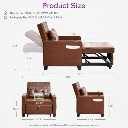 Adult Convertible Sleeper Chair Bed, 3-in-1 Pull-Out Sofa Bed with USB/Type-C Ports, Cup Holders, Side Pockets, Single Sofa