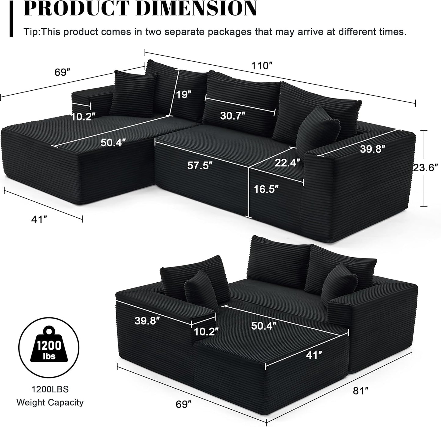 110 Cloud Sectional Couch, Boneless Sofa for Living Room Modular Sectional Sofa with Deep Seat