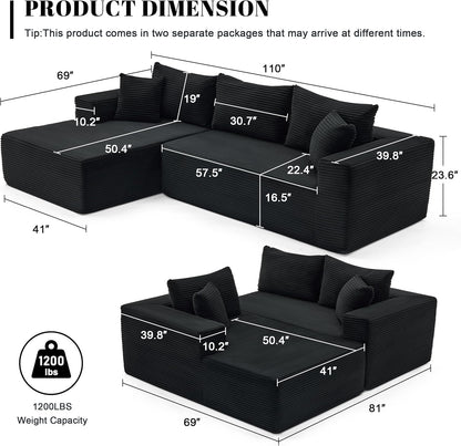 110 Cloud Sectional Couch, Boneless Sofa for Living Room Modular Sectional Sofa with Deep Seat