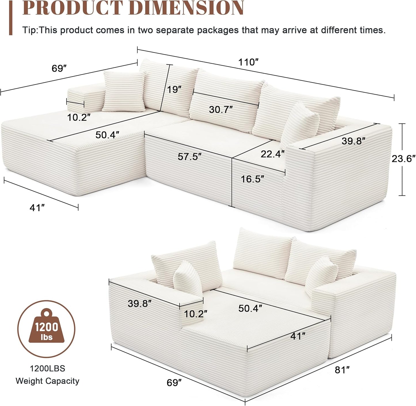110 Cloud Sectional Couch, Boneless Sofa for Living Room Modular Sectional Sofa with Deep Seat