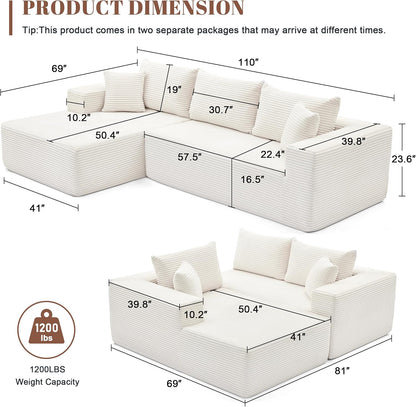 110 Cloud Sectional Couch, Boneless Sofa for Living Room Modular Sectional Sofa with Deep Seat