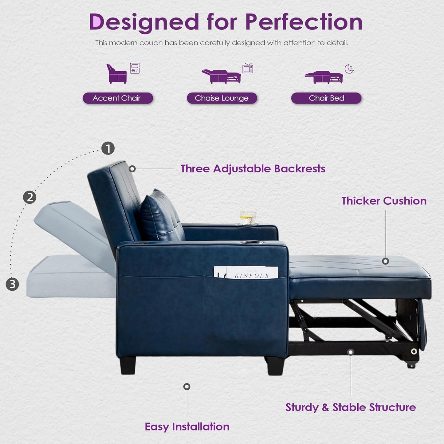 Adult Convertible Sleeper Chair Bed, 3-in-1 Pull-Out Sofa Bed with USB/Type-C Ports, Cup Holders, Side Pockets, Single Sofa