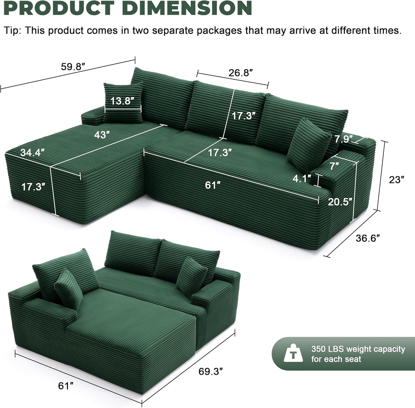 110 Cloud Sectional Couch, Boneless Sofa for Living Room Modular Sectional Sofa with Deep Seat