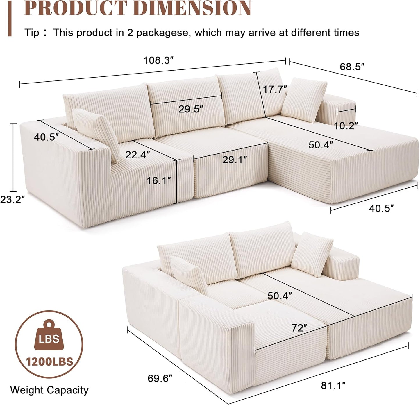 108 Modular Sectional Sofa Cloud Sectional Couch Modern Modular L-Shape Sofa Couch
