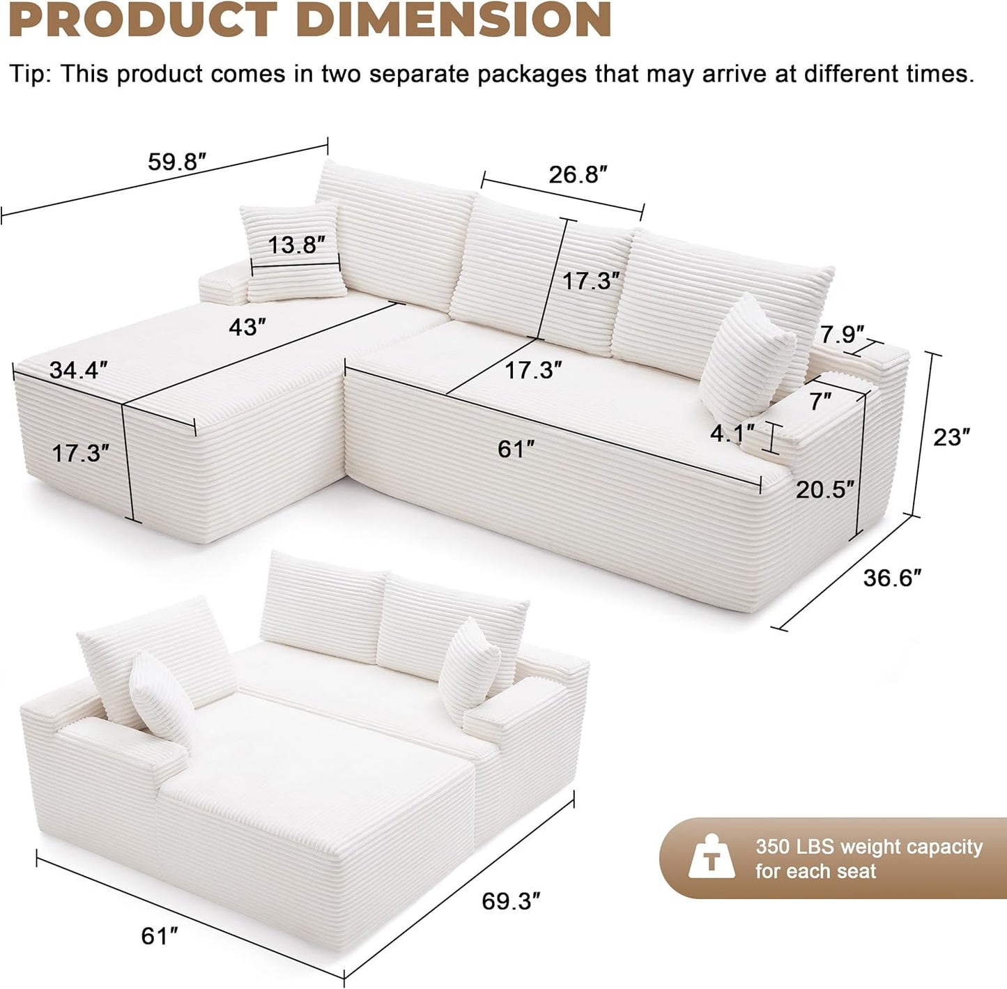 110 Cloud Sectional Couch, Boneless Sofa for Living Room Modular Sectional Sofa with Deep Seat