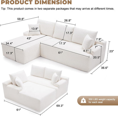 110 Cloud Sectional Couch, Boneless Sofa for Living Room Modular Sectional Sofa with Deep Seat