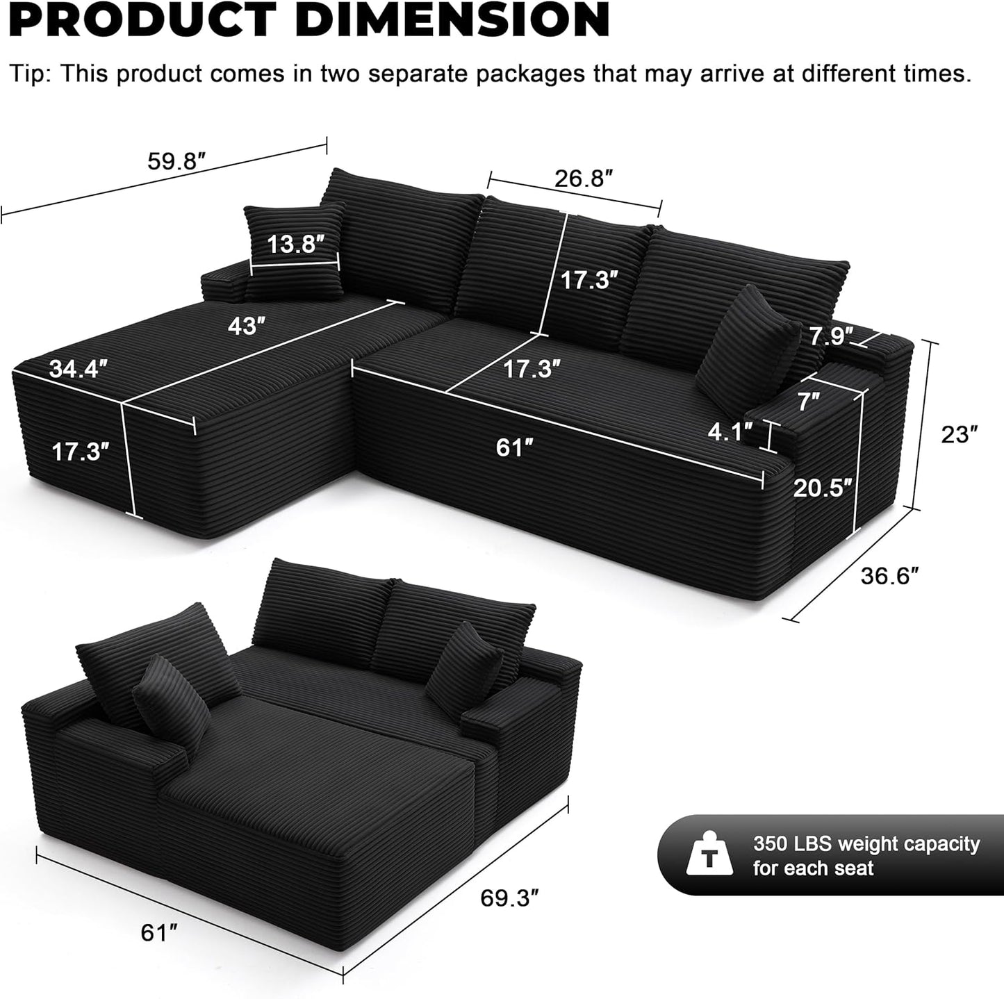 110 Cloud Sectional Couch, Boneless Sofa for Living Room Modular Sectional Sofa with Deep Seat