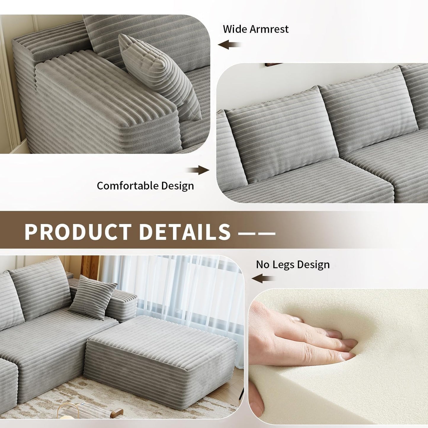 107.5 inch Cloud Modular Sectional Sofa with L-Shaped Chaise Lounge, Modern Minimalist Upholstered Sofa Deep Seating Corner Sofa