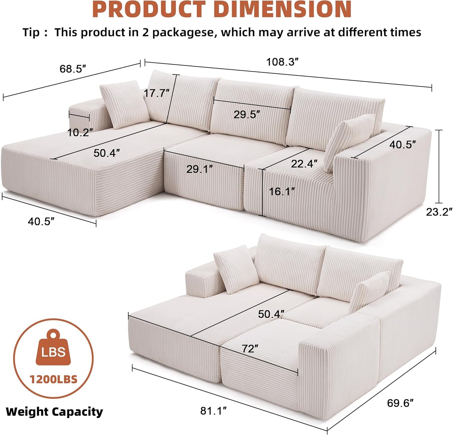108 Modular Sectional Sofa Cloud Sectional Couch Modern Modular L-Shape Sofa Couch