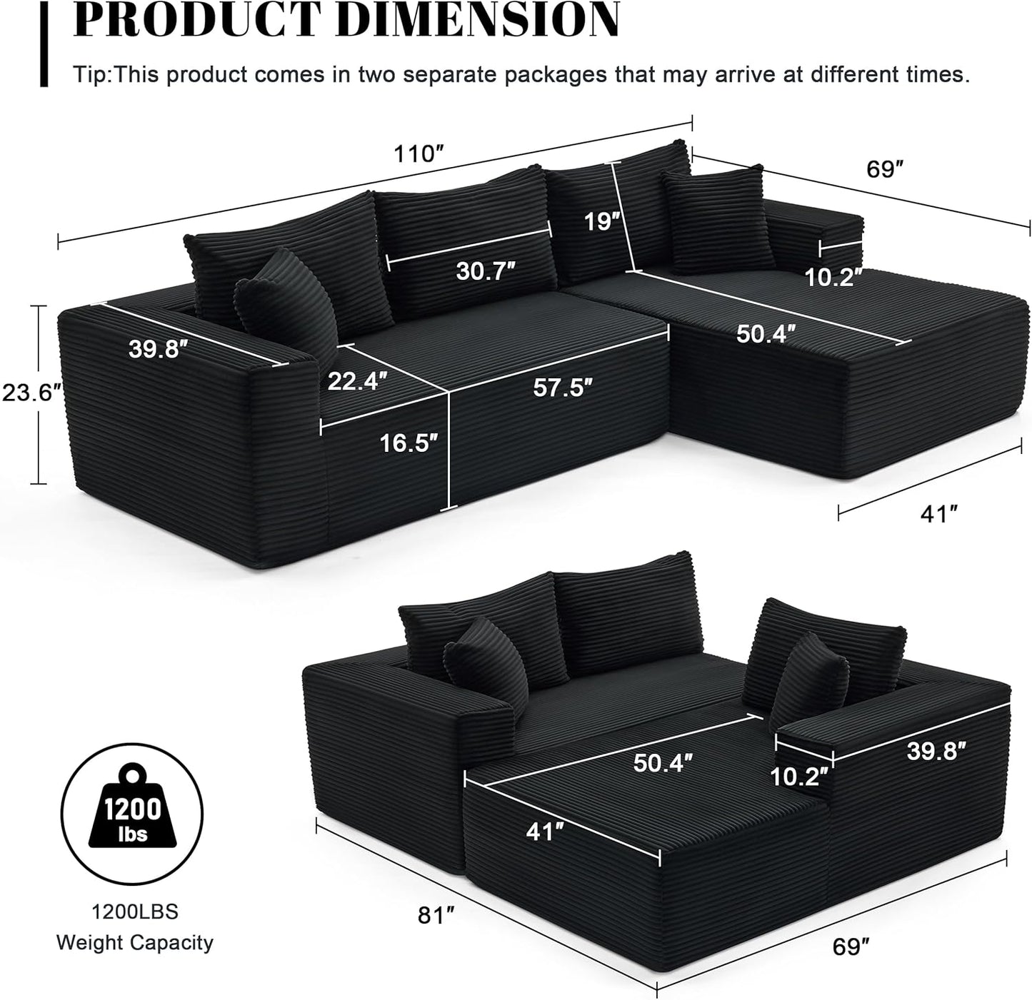 110 Cloud Sectional Couch, Boneless Sofa for Living Room Modular Sectional Sofa with Deep Seat
