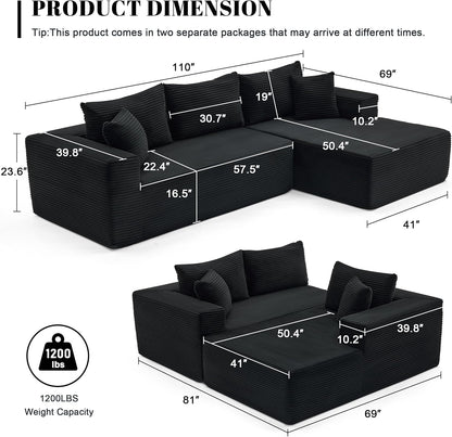 110 Cloud Sectional Couch, Boneless Sofa for Living Room Modular Sectional Sofa with Deep Seat